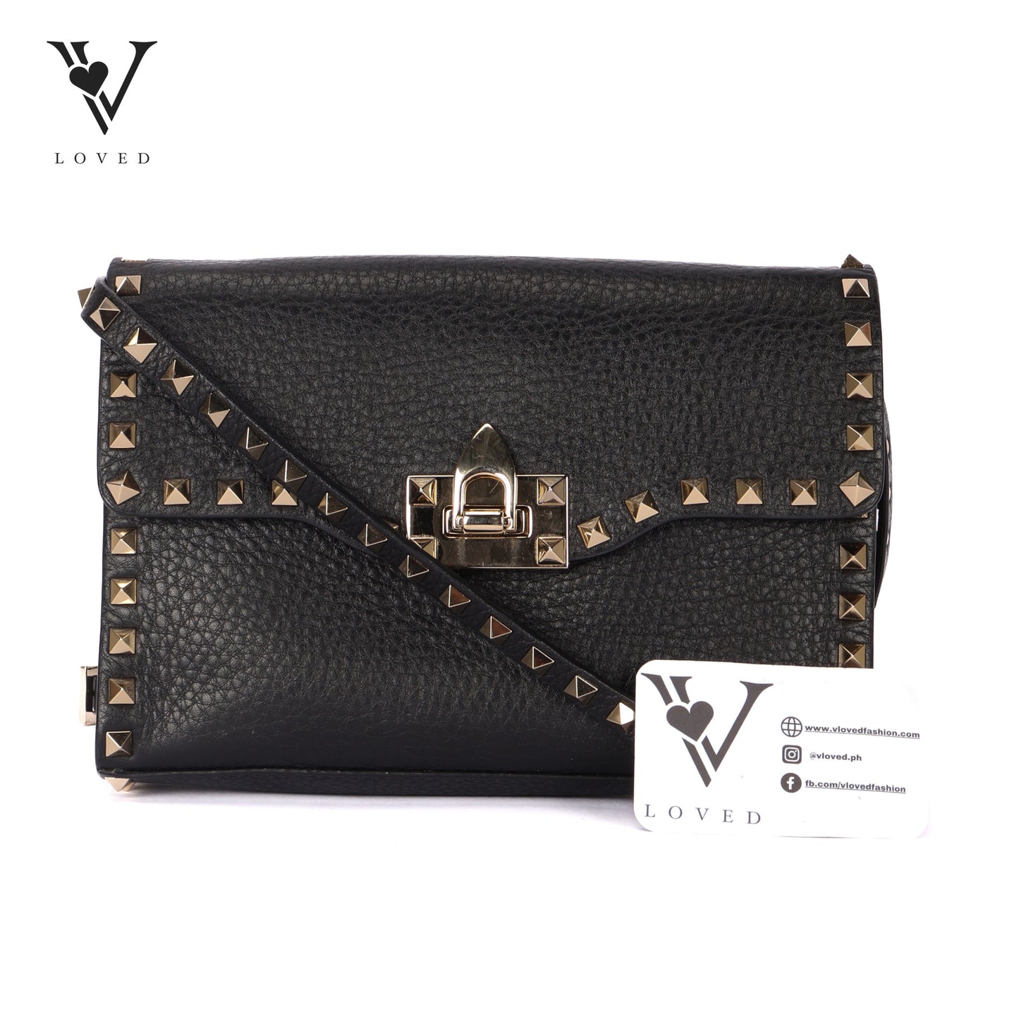 Garvani Rockstud Flap In Black Leather Shoulder Crossbody Bag