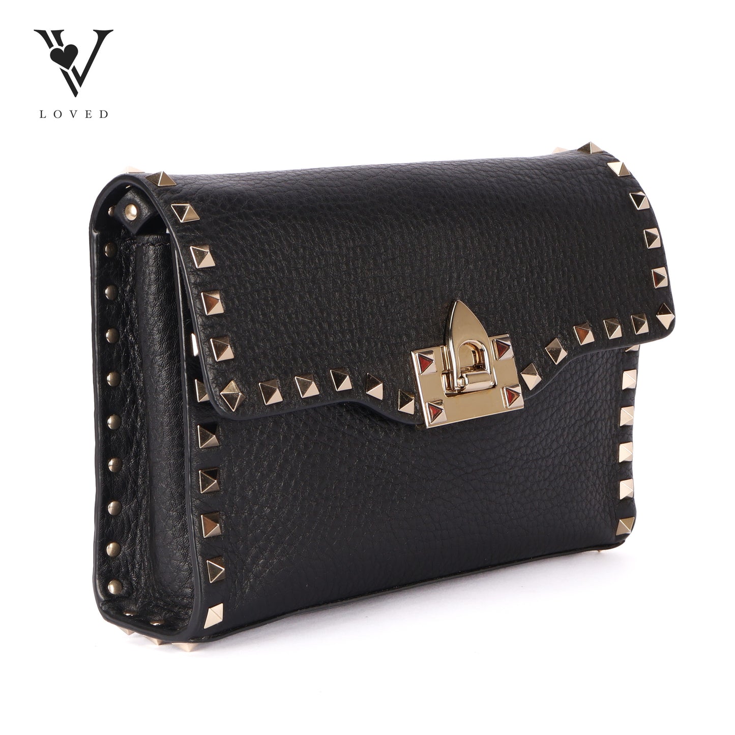 Garvani Rockstud Flap In Black Leather Shoulder Crossbody Bag