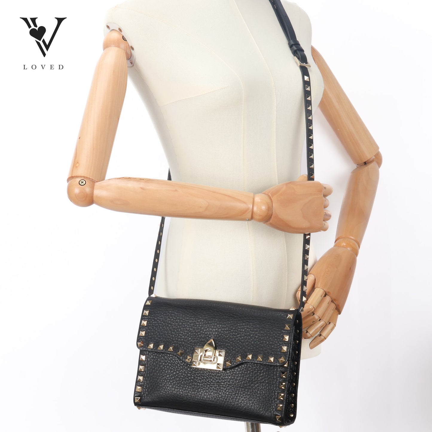 Garvani Rockstud Flap In Black Leather Shoulder Crossbody Bag
