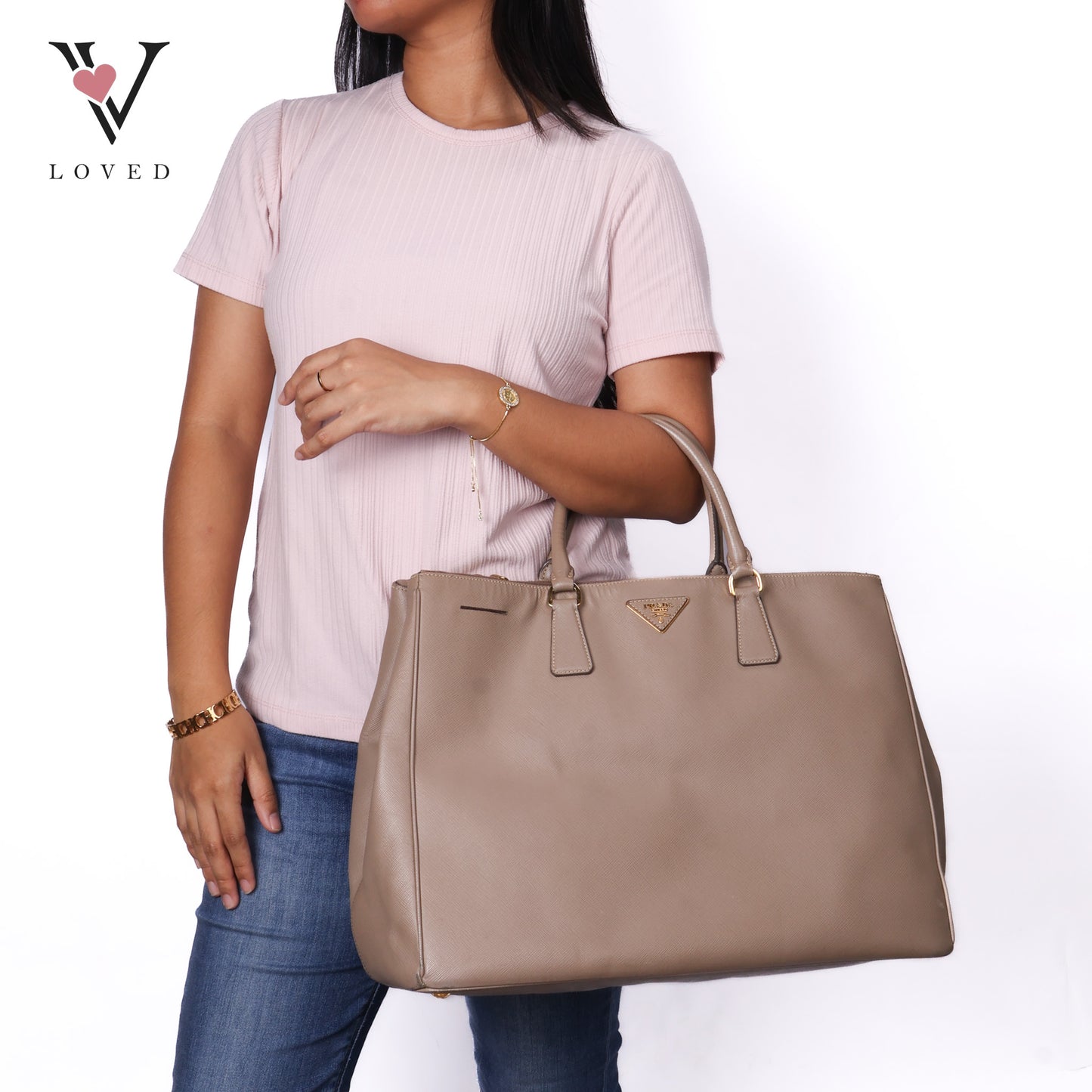 Beige Saffiano Lux Leather Double Zip Tote