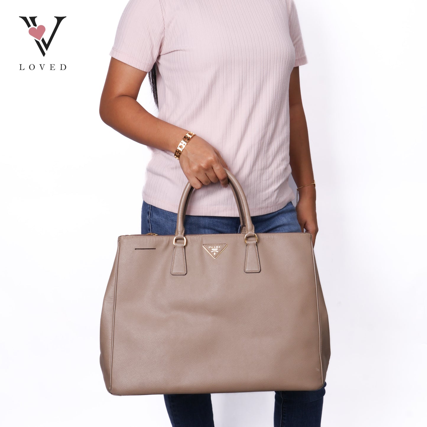 Beige Saffiano Lux Leather Double Zip Tote