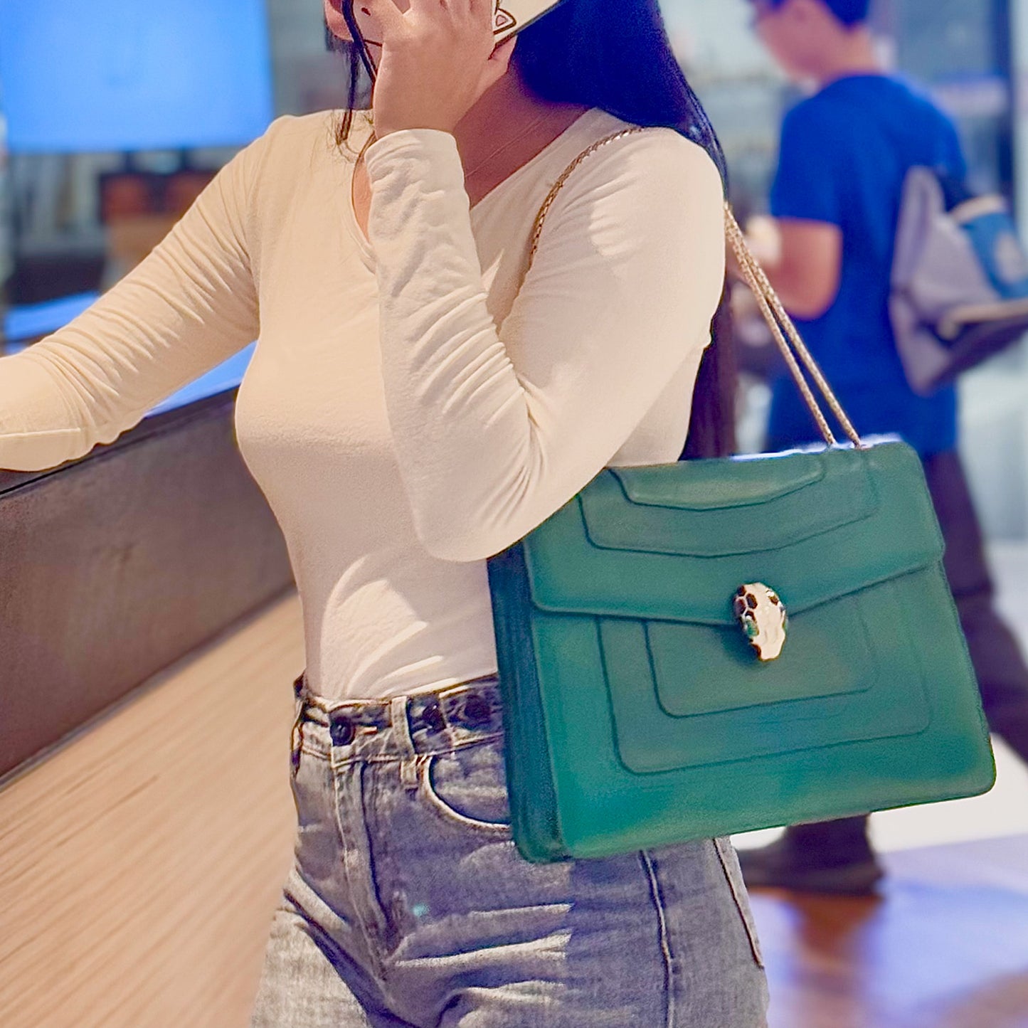 Serpenti Forever In Green Leather Shoulder Bag