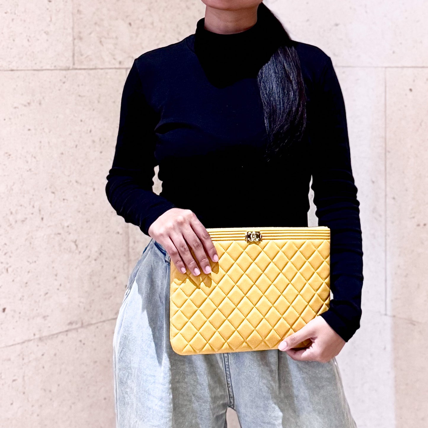 Boy O Case Clutch In Yellow Quilted Lambskin Leather