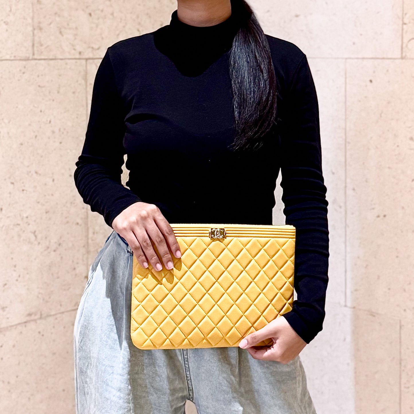 Boy O Case Clutch In Yellow Quilted Lambskin Leather