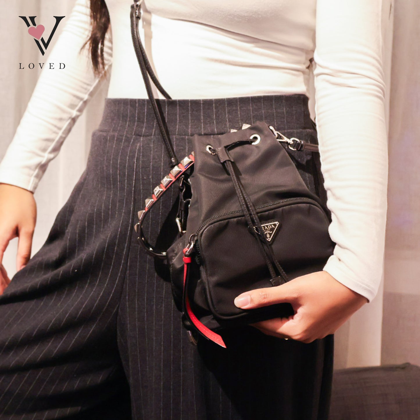 Studded New Vela Tessuto Nylon Bucket Bag
