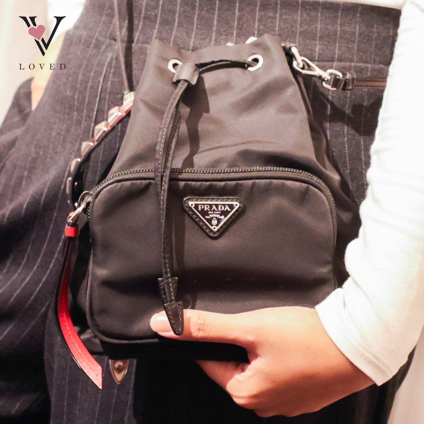 Studded New Vela Tessuto Nylon Bucket Bag