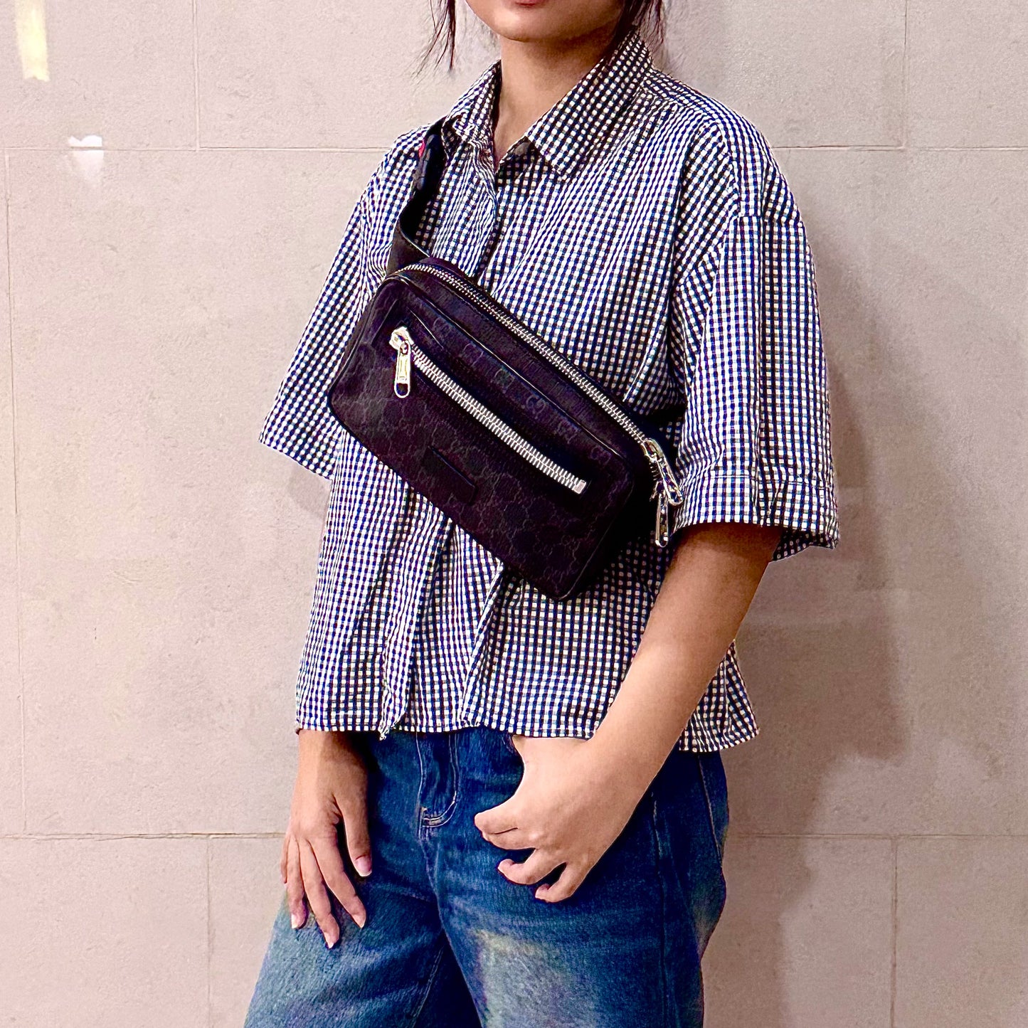 GG Belt Bag With Zip Pocket In Black Leather