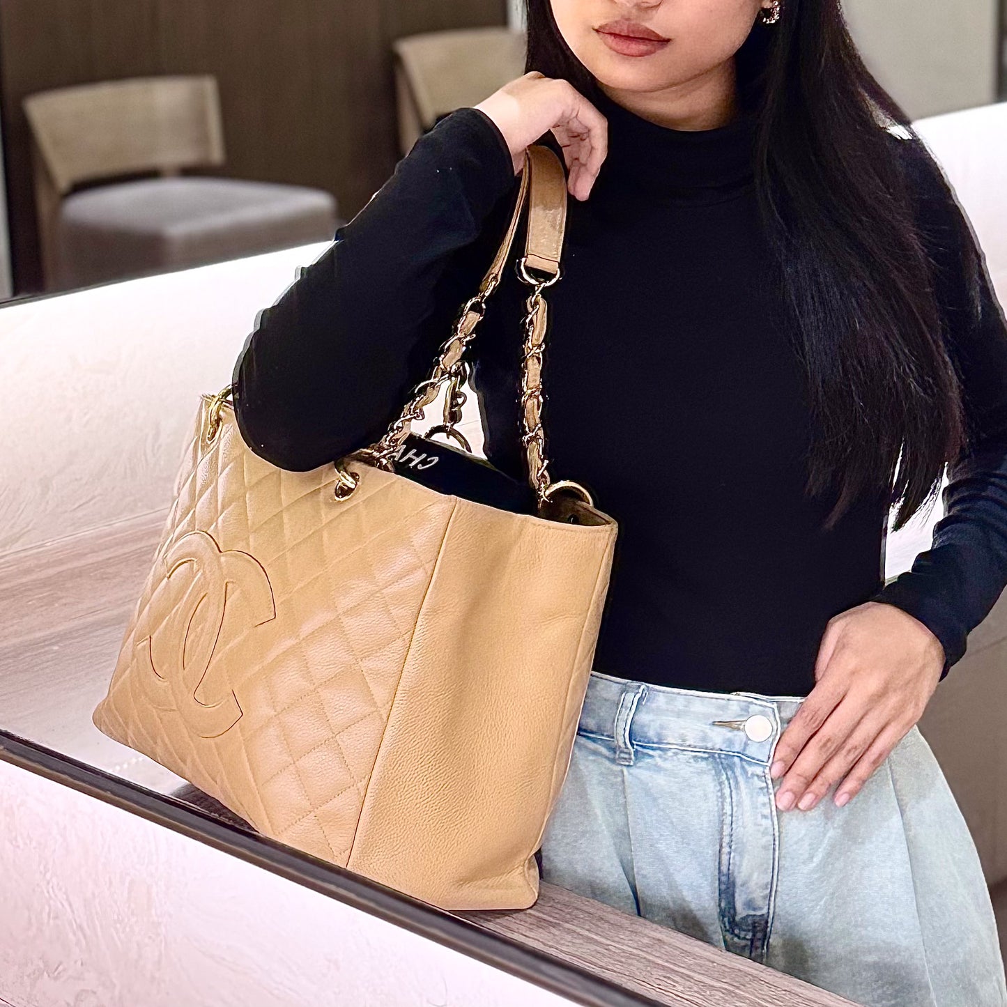 Grand Shopping Tote (GST) In Beige Caviar Leather