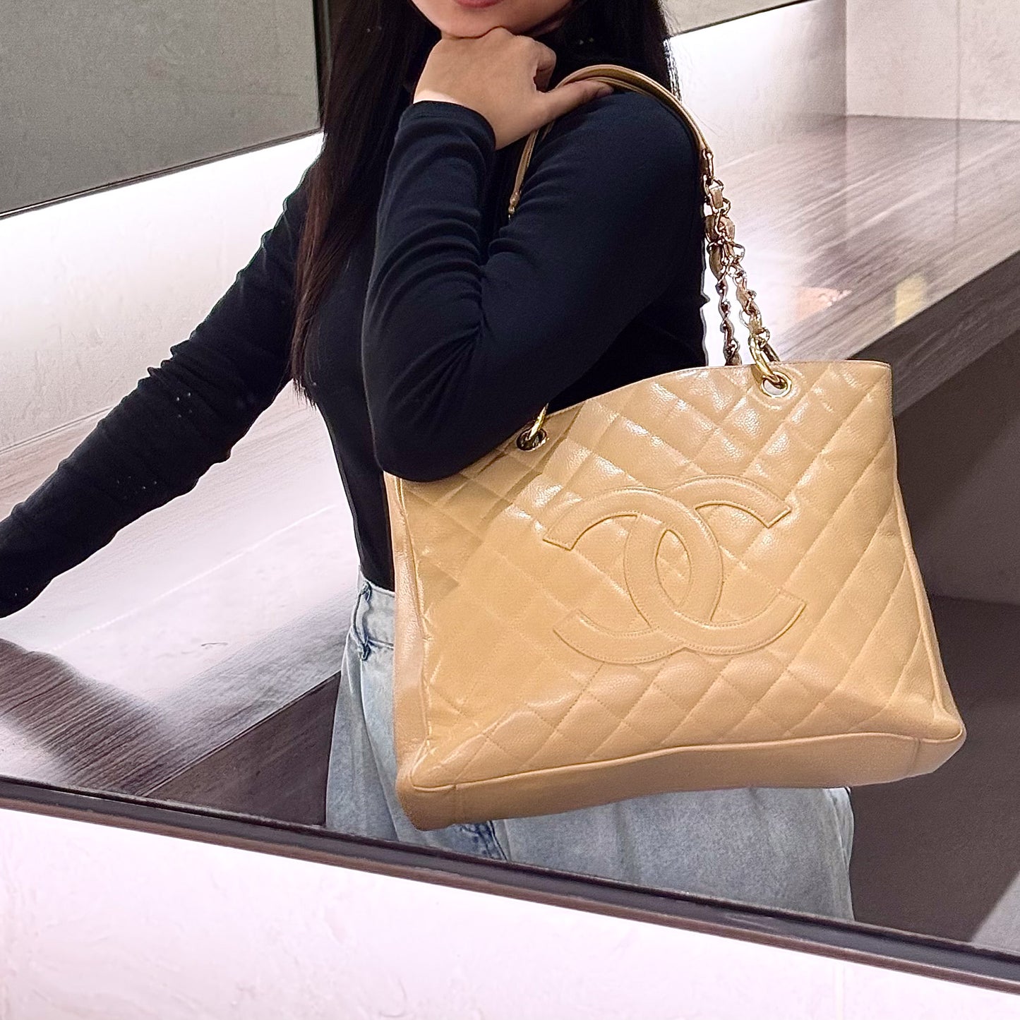 Grand Shopping Tote (GST) In Beige Caviar Leather