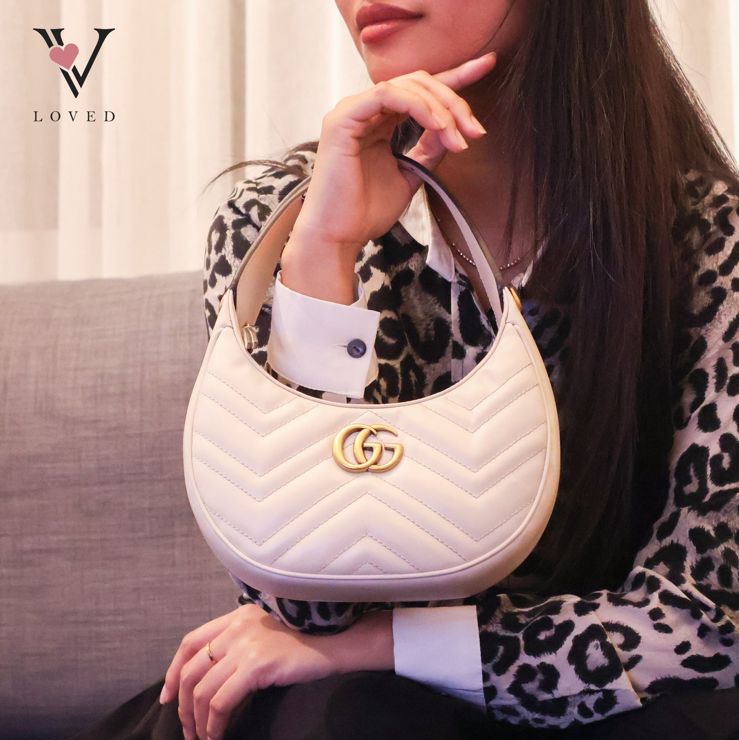 White GG Marmont Half Moon Shaped Matelasse Leather Satchel
