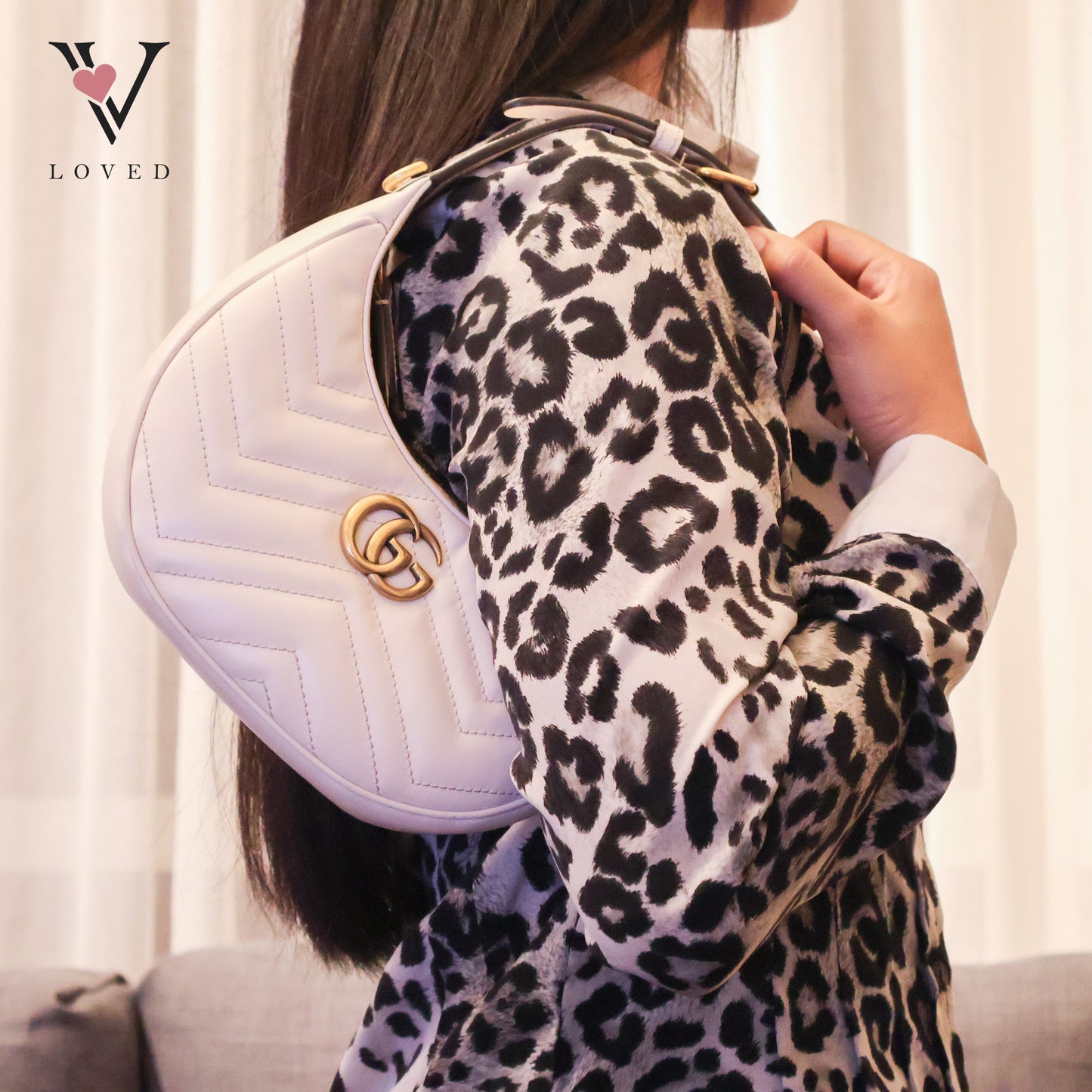 White GG Marmont Half Moon Shaped Matelasse Leather Satchel