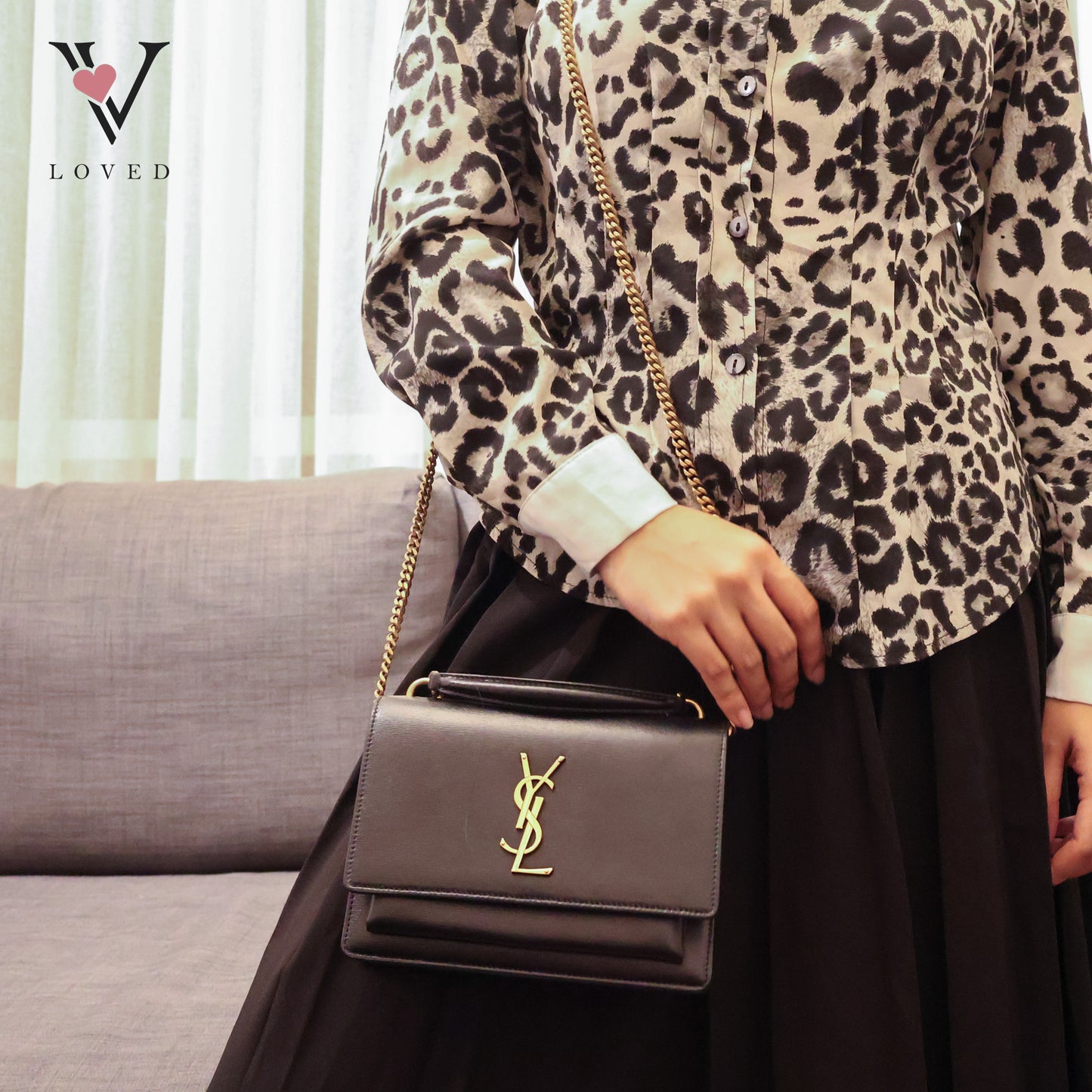 Black Leather Sunset Chain Shoulder Bag