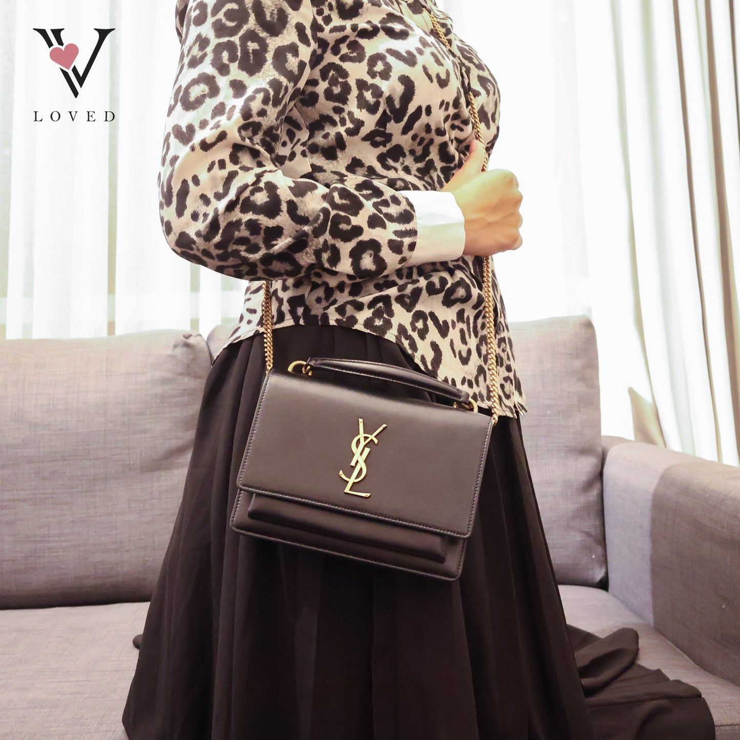 Black Leather Sunset Chain Shoulder Bag
