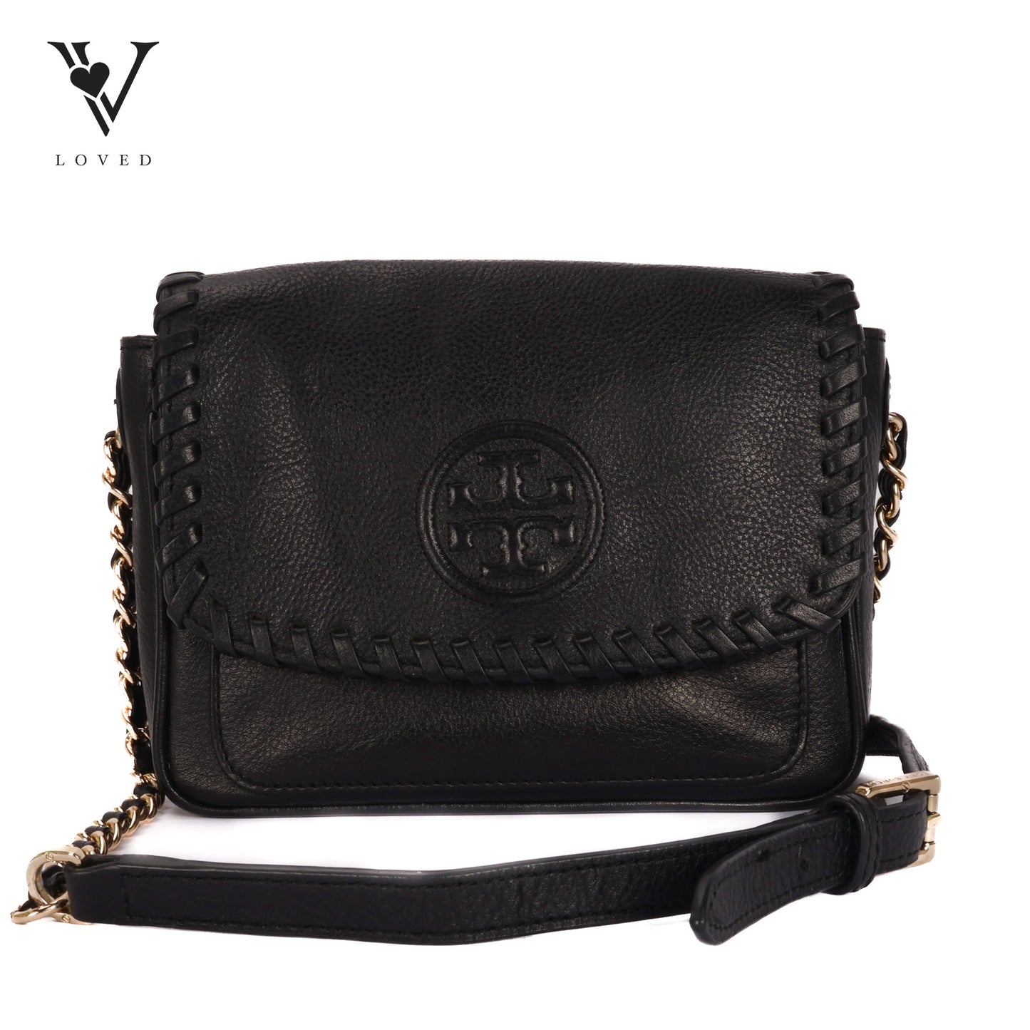 Black Leather Marion Flap Crossbody Bag