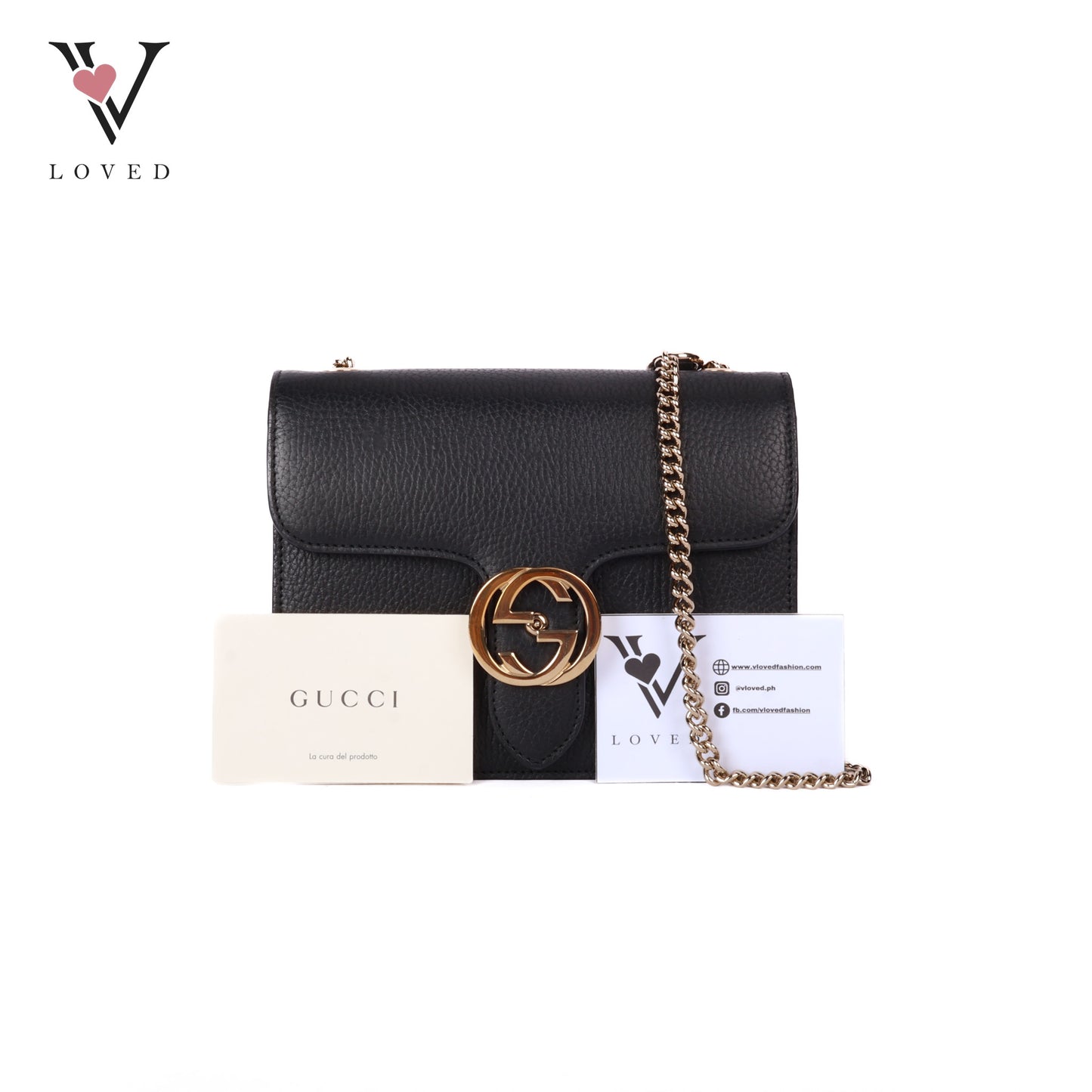 Black Leather Interlocking GG Shoulder Bag