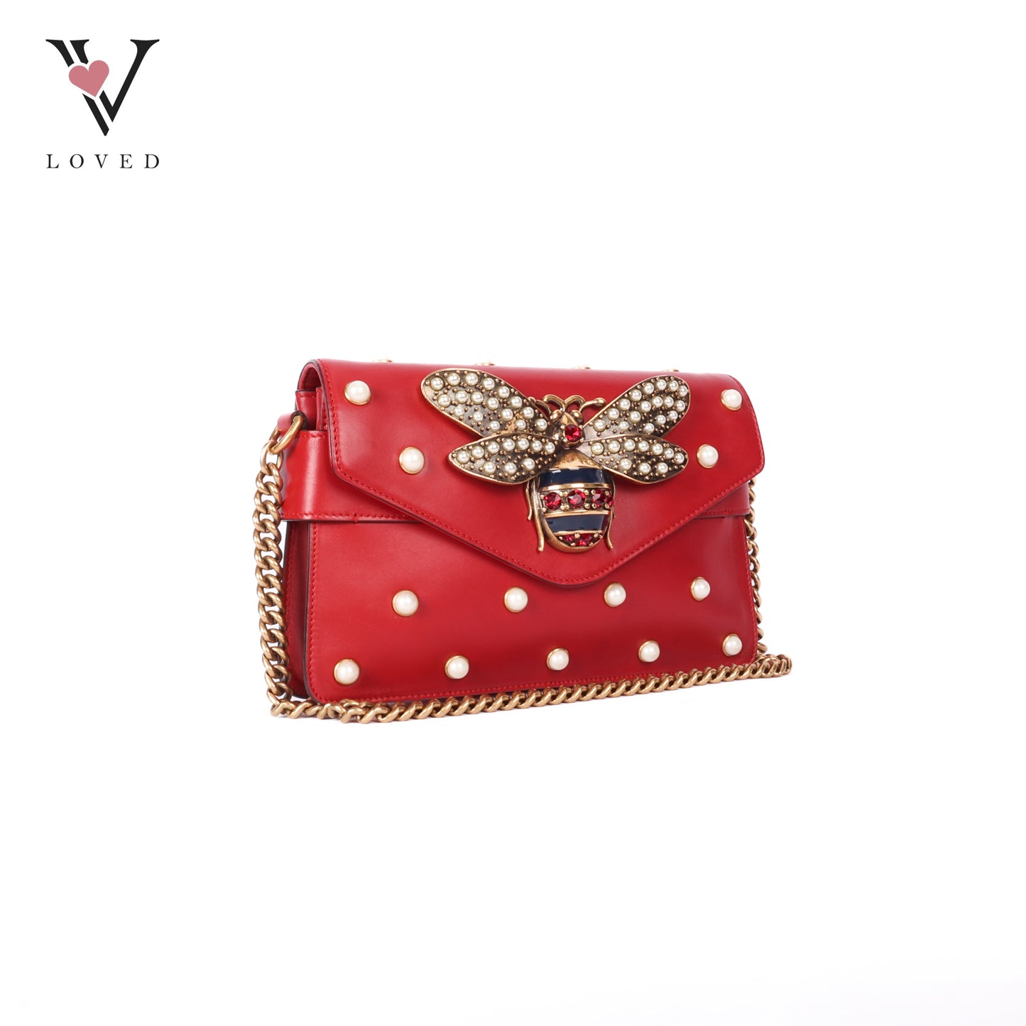 Nappa Pearl Studded Queen Margaret Broadway Shoulder In Hibiscus Red