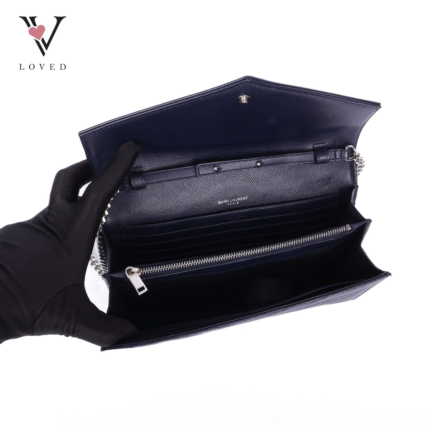 Dark Blue Cassandre Envelope Chain Wallet In Grain De Poudre Leather