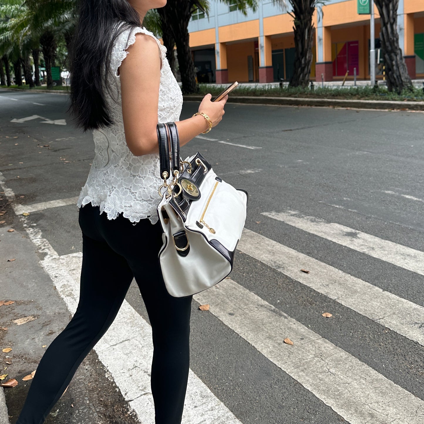 Two Tone Lune Satchel Handbag