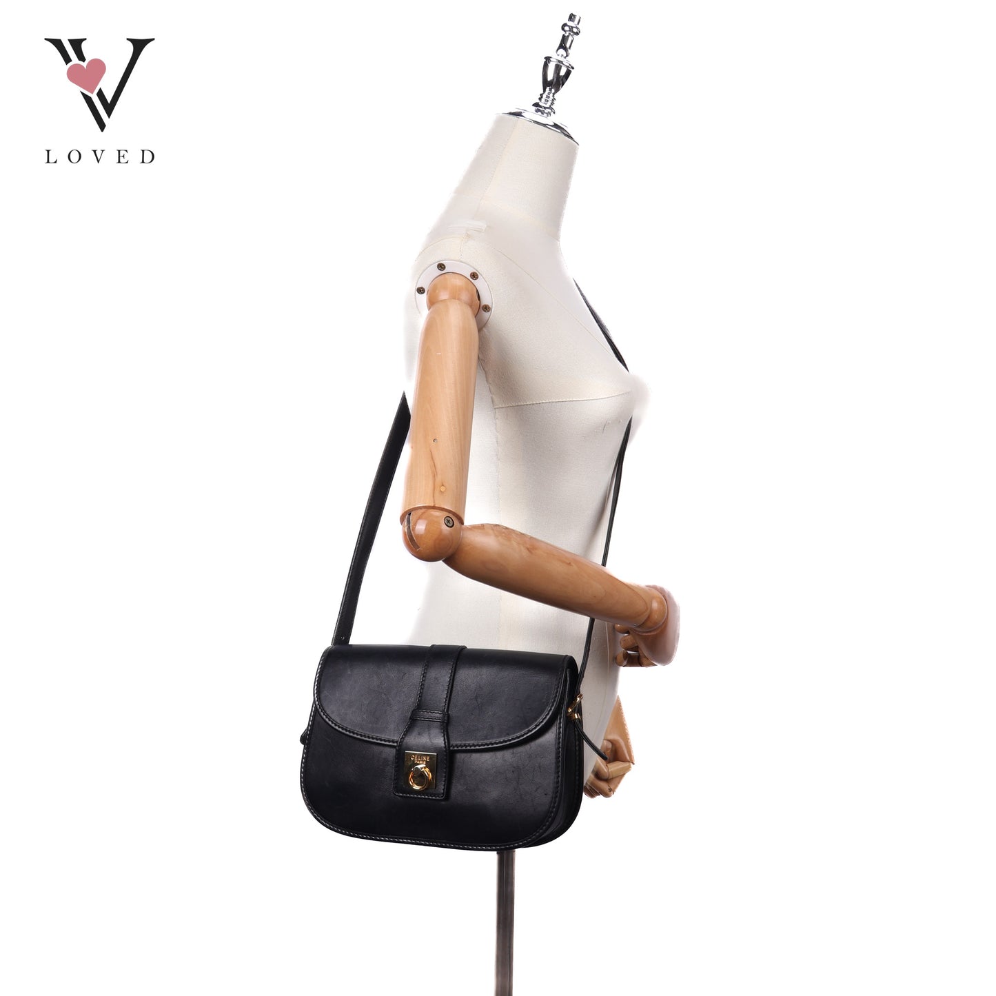Flap Ring Black Leather Shoulder Bag