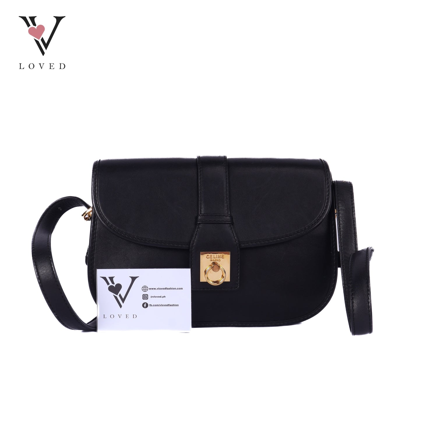Flap Ring Black Leather Shoulder Bag