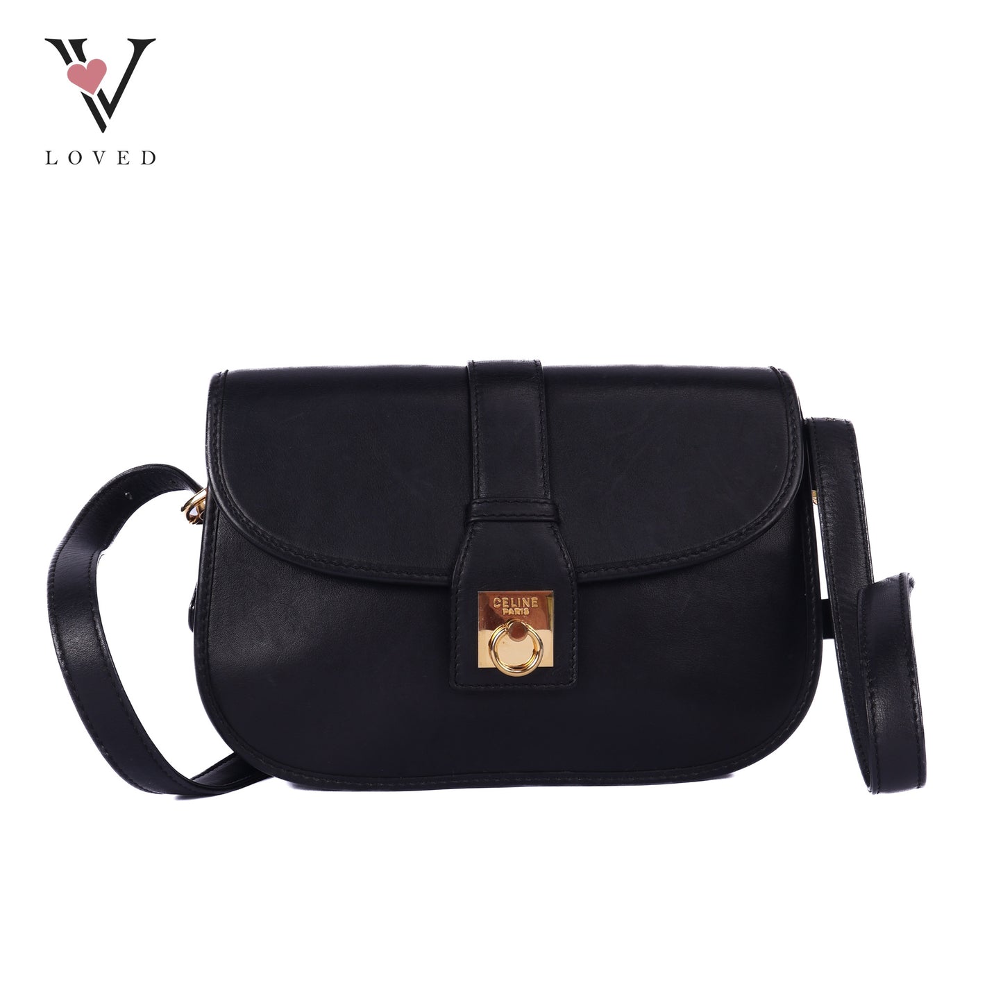 Flap Ring Black Leather Shoulder Bag