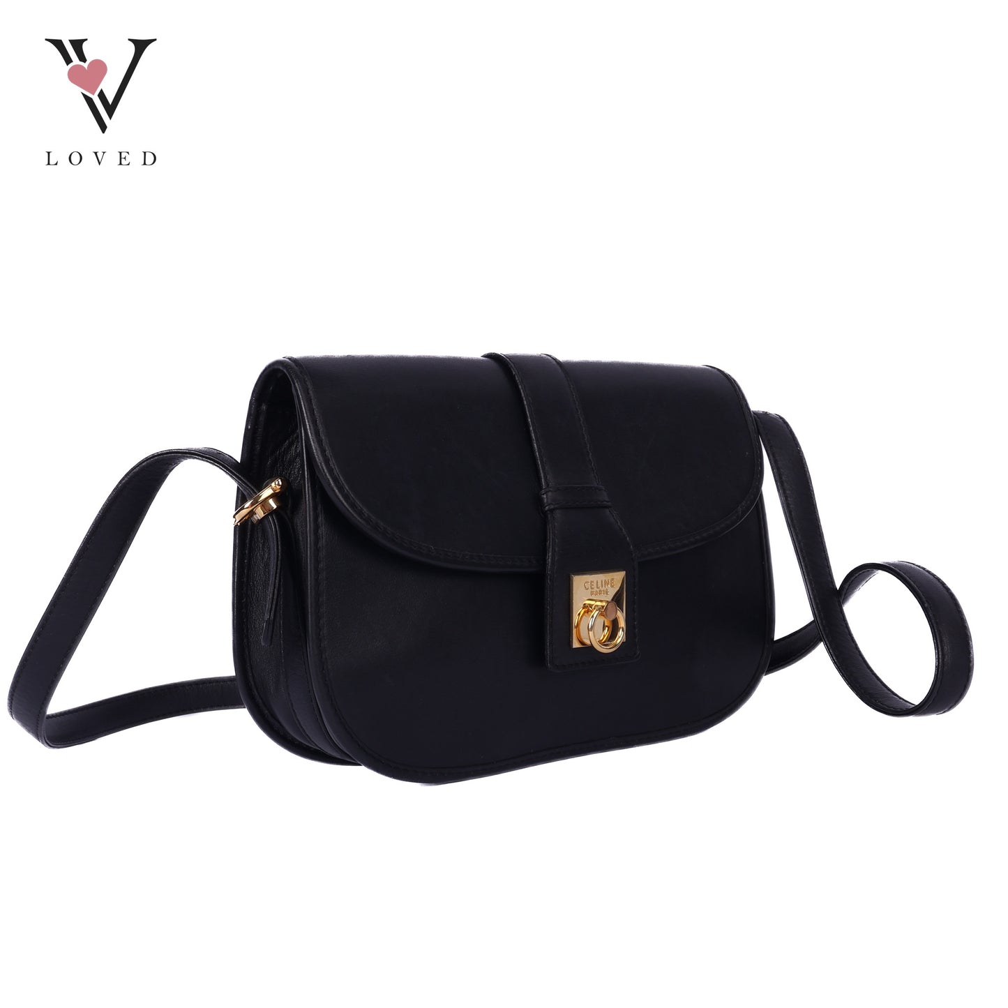 Flap Ring Black Leather Shoulder Bag