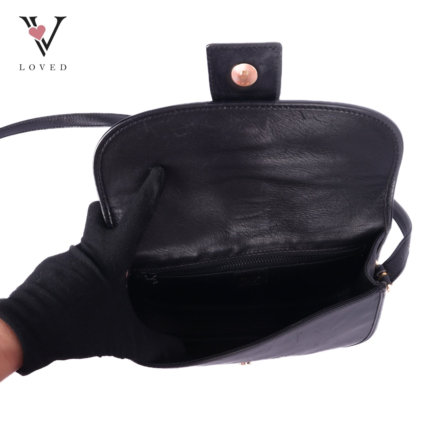 Flap Ring Black Leather Shoulder Bag