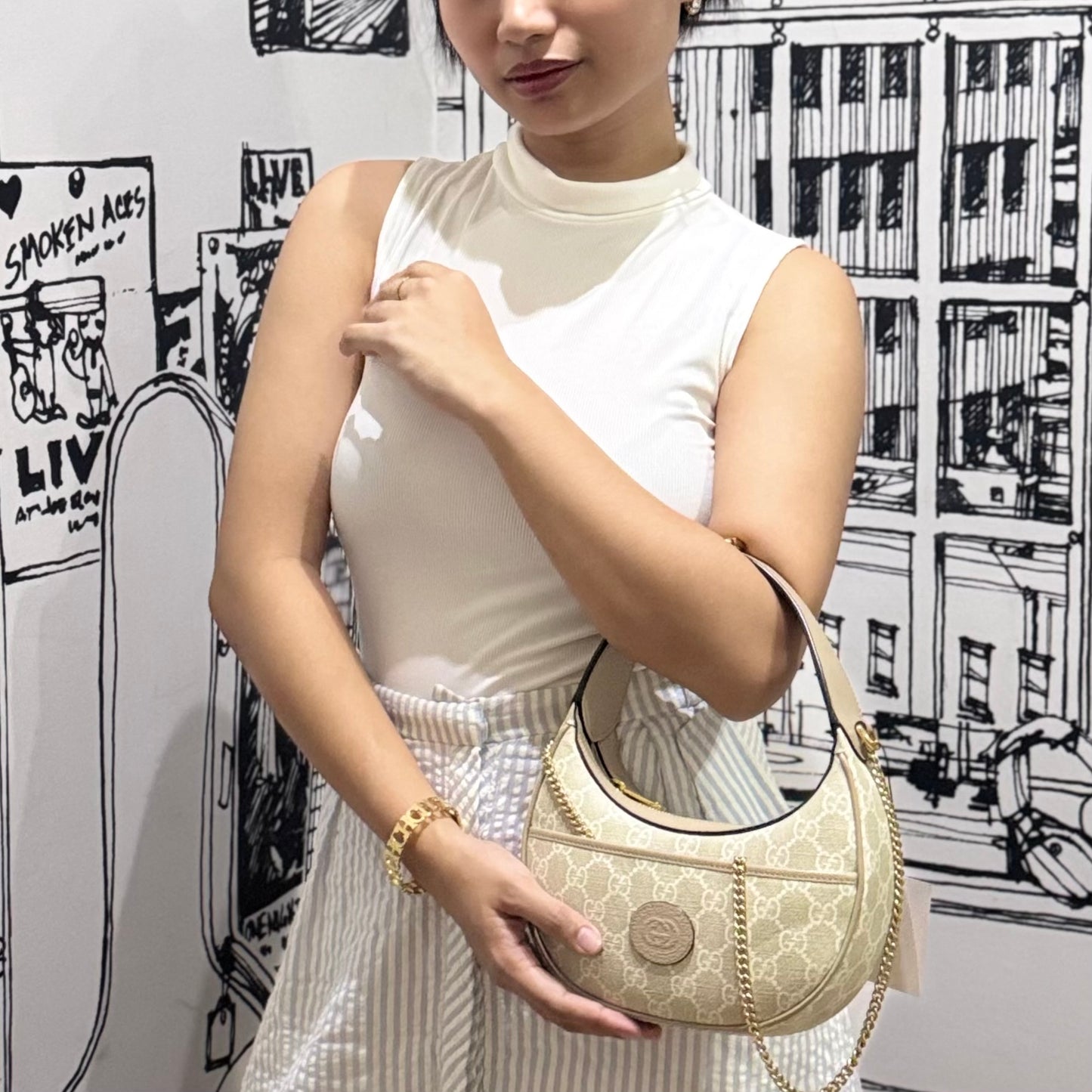 Ophidia Mini Shoulder Bag in Beige and White Supreme