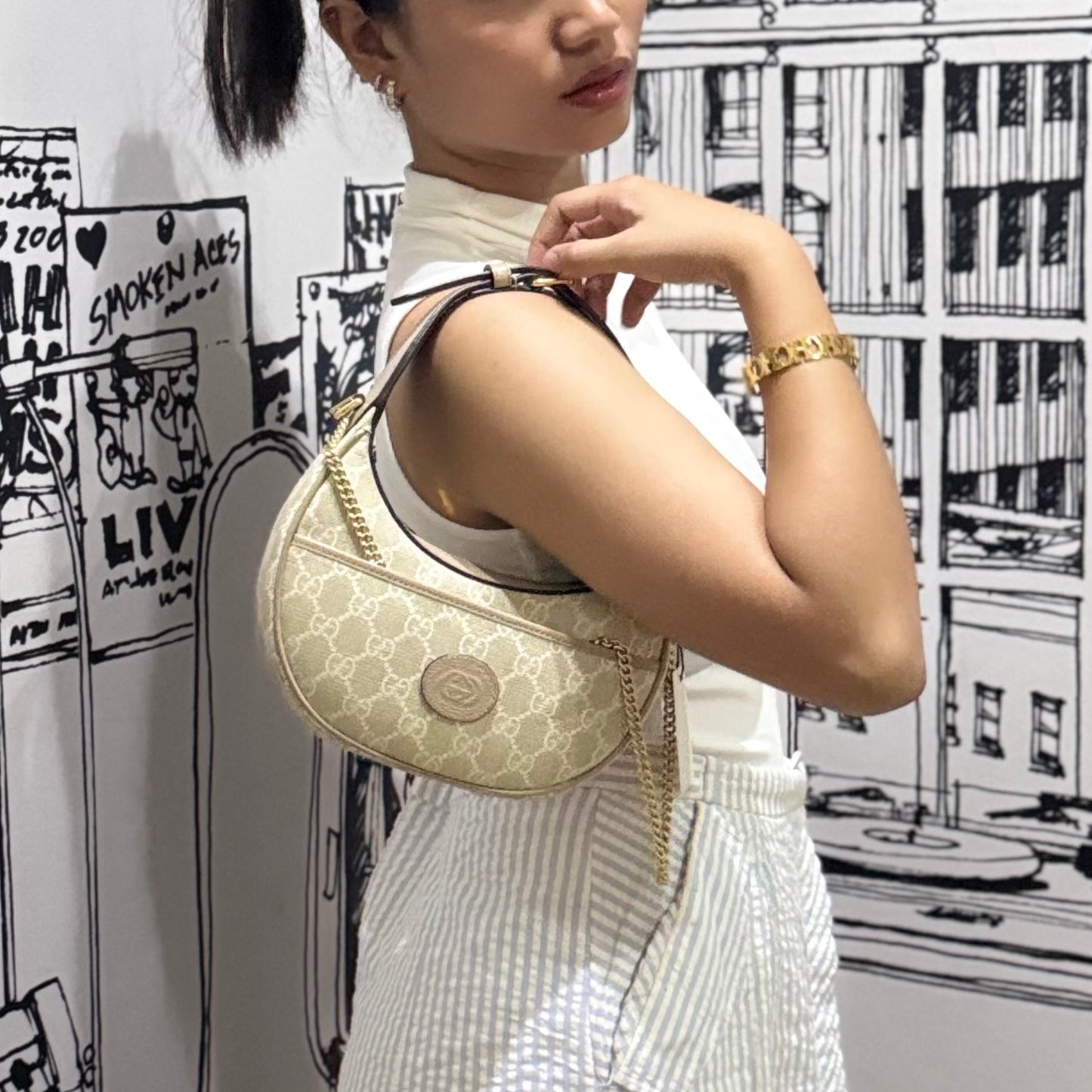 Ophidia Mini Shoulder Bag in Beige and White Supreme