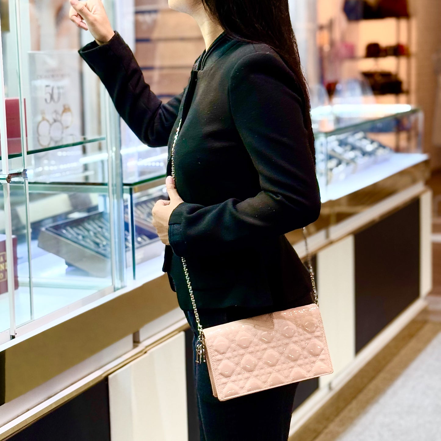 Lady Dior Rendezvous Wallet On Chain in Pink Patent Cannage Leather