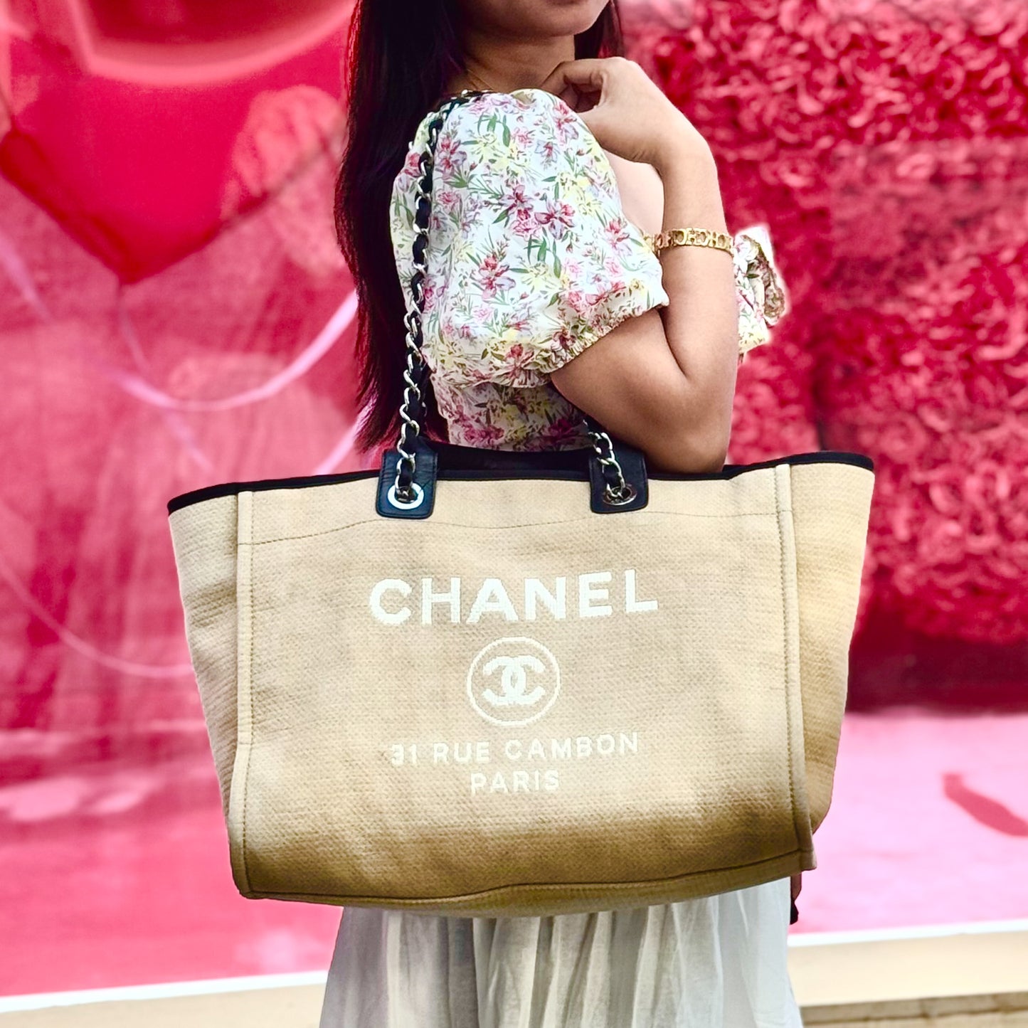 Deauville Canvas Tote In Beige and Black