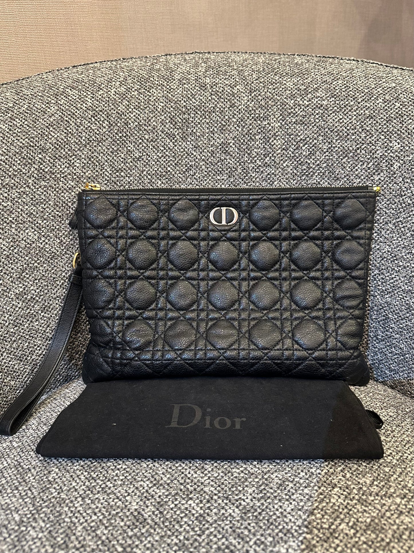 Christian Dior Supple Cannage Calfskin Caro Daily Pouch In Black