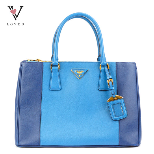 Prada Galleria Double Zip Tote Bag In Blue Bicolor Leather