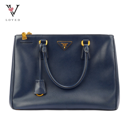 Prada Galleria Double Zip In Navy Blue Saffiano Leather
