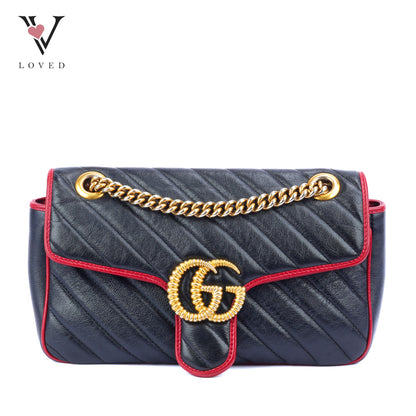Gucci GG Marmont Flap Matelassé Shoulder Bag in Black and Red Trim