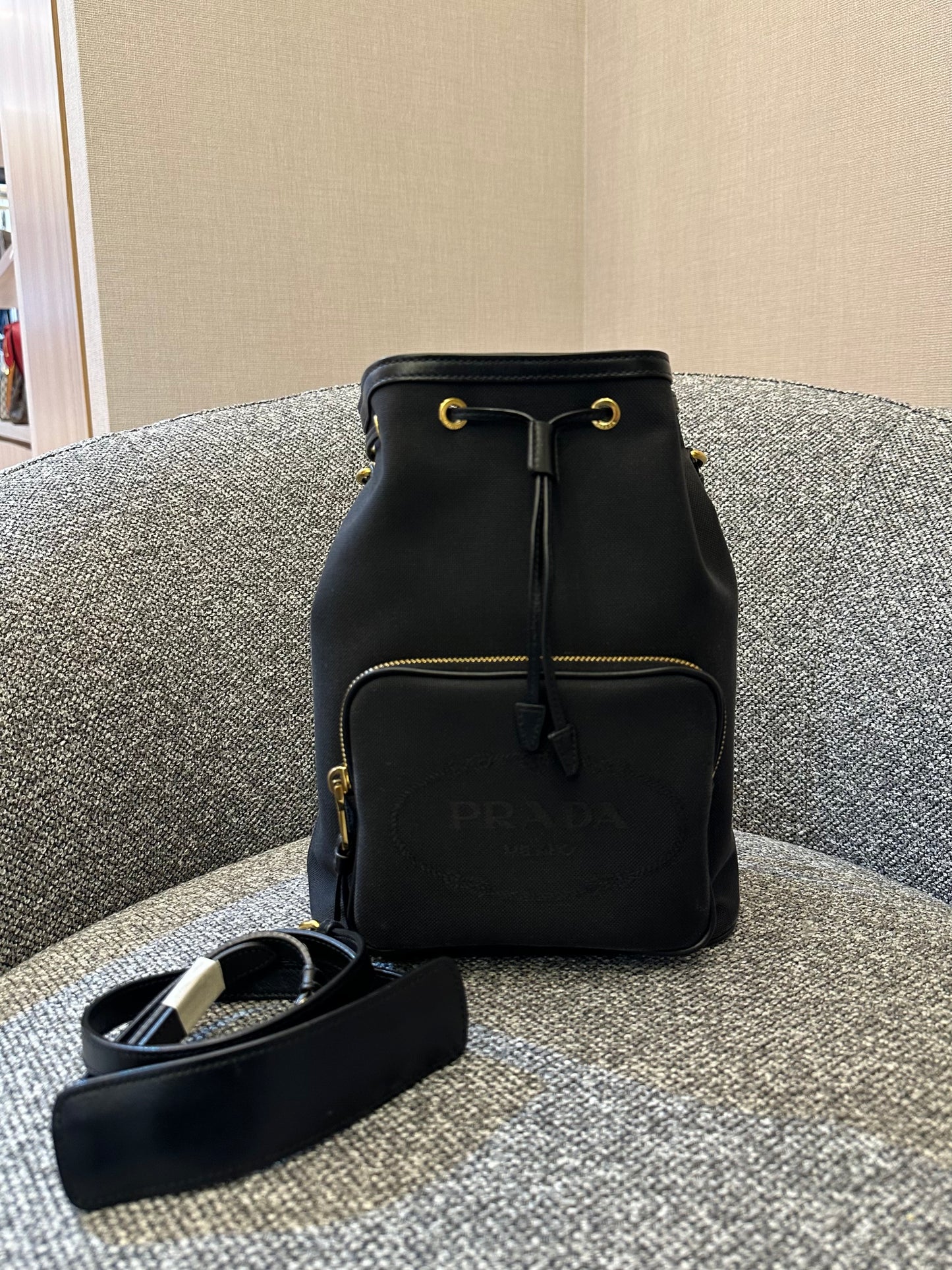 Prada Logo Jacquard Medium Bucket Bag In Black