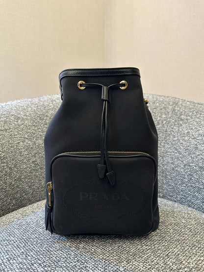 Prada Logo Jacquard Medium Bucket Bag In Black