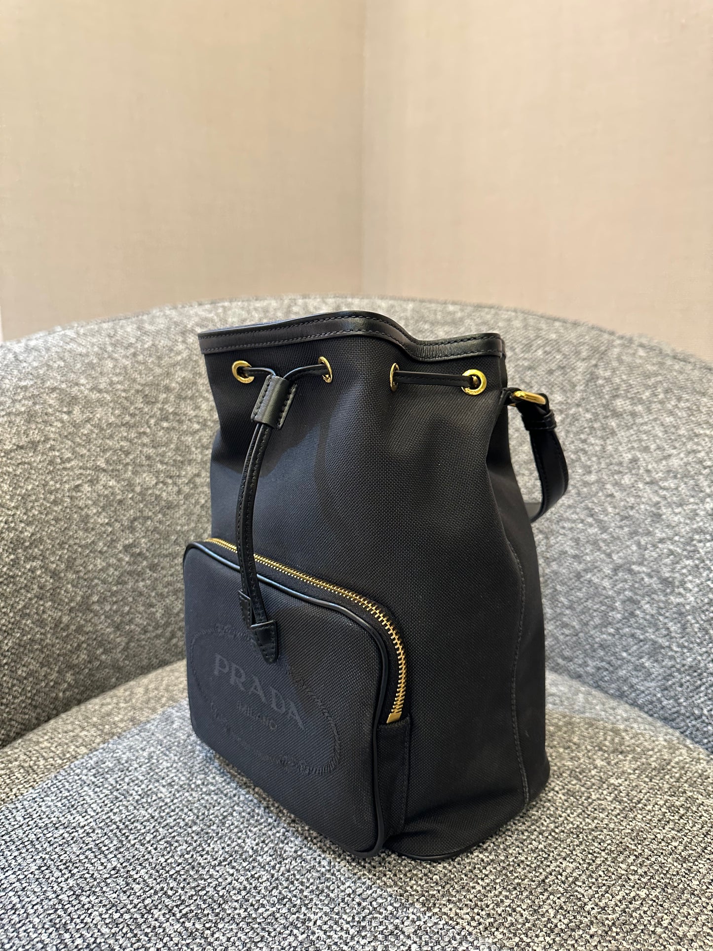 Prada Logo Jacquard Medium Bucket Bag In Black