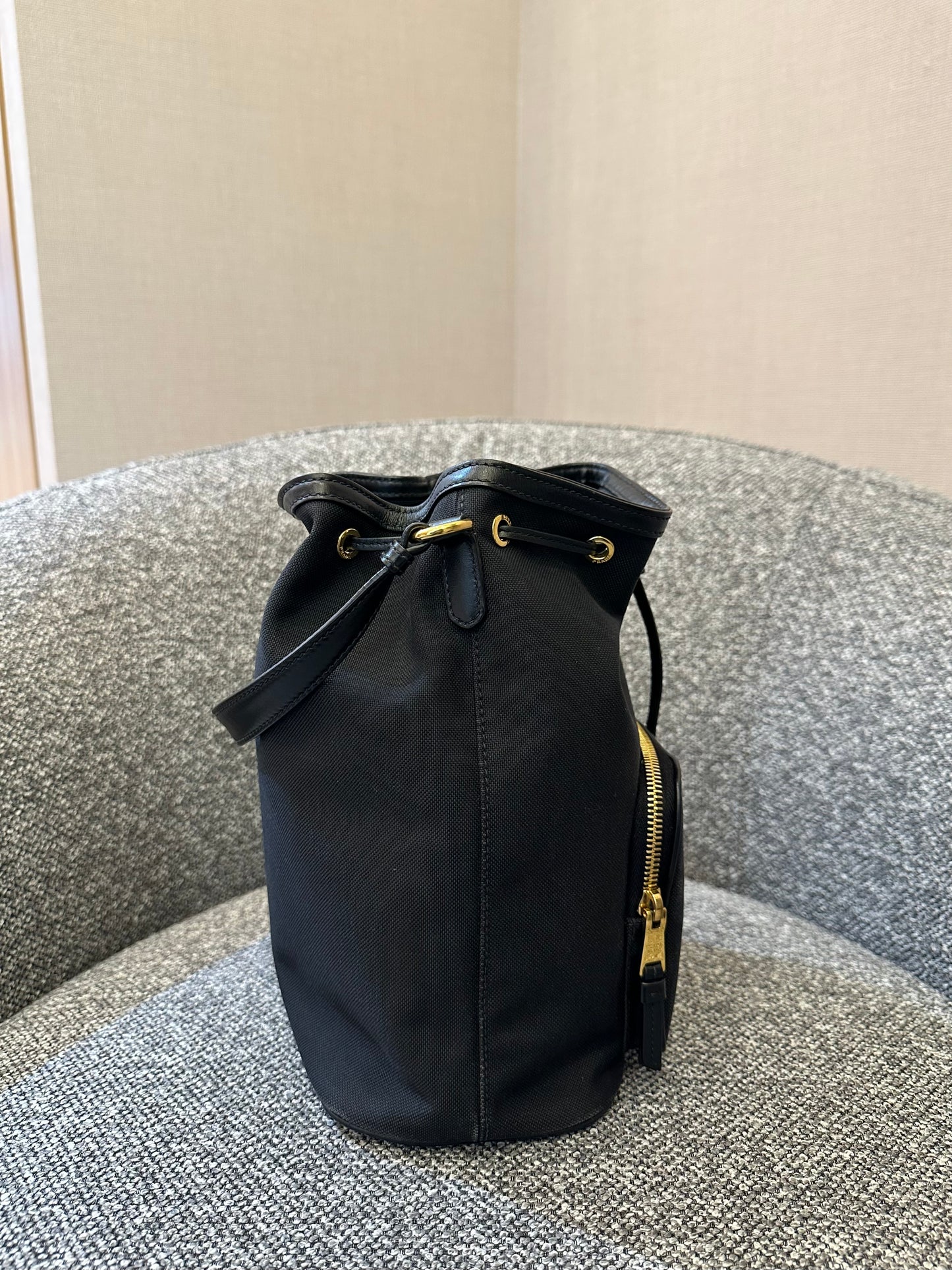 Prada Logo Jacquard Medium Bucket Bag In Black