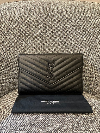 Yves Saint Laurent Cassandre Envelope Chain Wallet In Black Grain De Poudre Embossed Leather