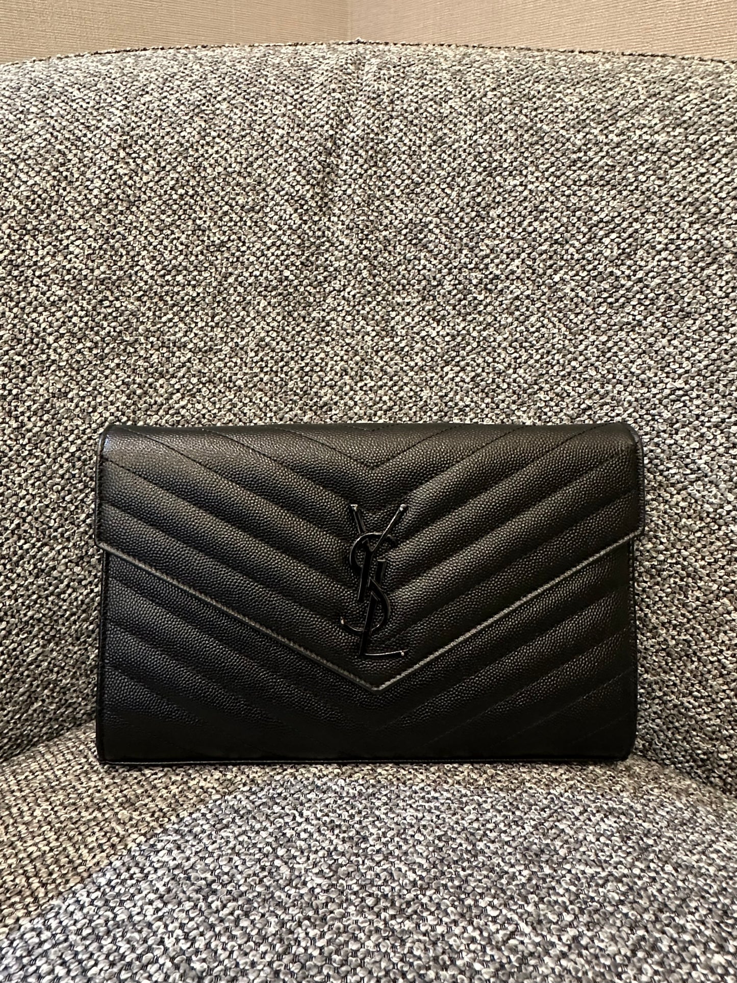 Yves Saint Laurent Cassandre Envelope Chain Wallet In Black Grain De Poudre Embossed Leather