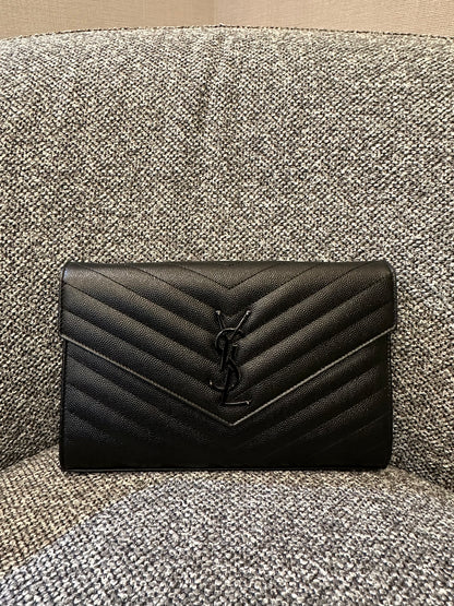 Yves Saint Laurent Cassandre Envelope Chain Wallet In Black Grain De Poudre Embossed Leather
