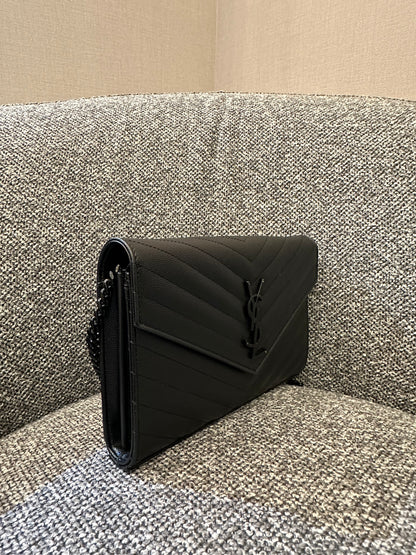Yves Saint Laurent Cassandre Envelope Chain Wallet In Black Grain De Poudre Embossed Leather