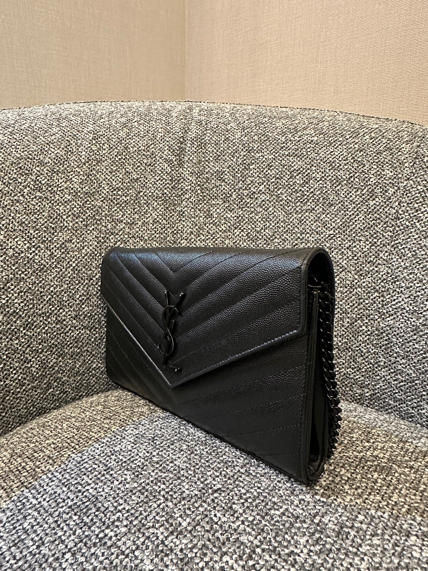 Yves Saint Laurent Cassandre Envelope Chain Wallet In Black Grain De Poudre Embossed Leather