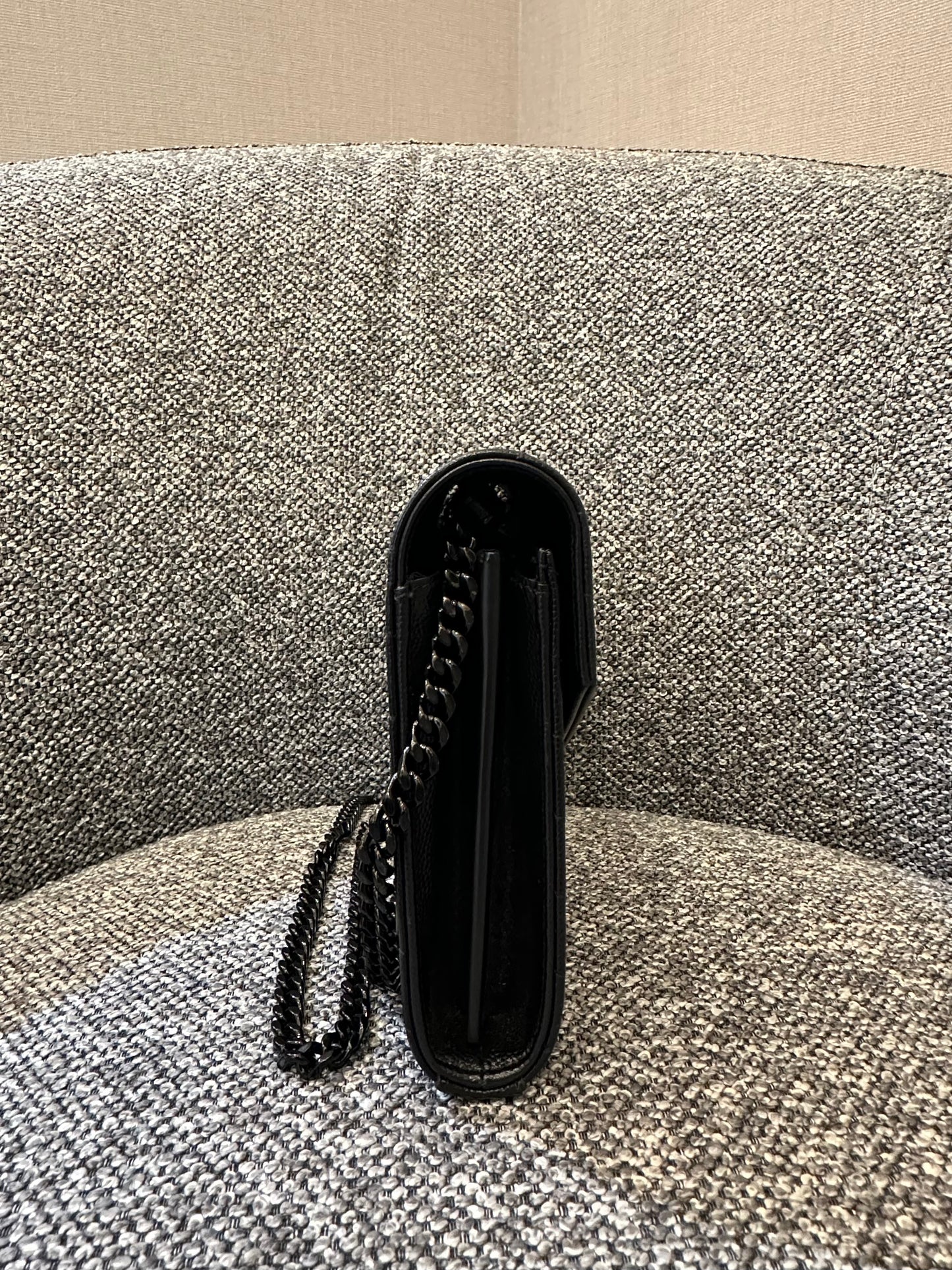 Yves Saint Laurent Cassandre Envelope Chain Wallet In Black Grain De Poudre Embossed Leather