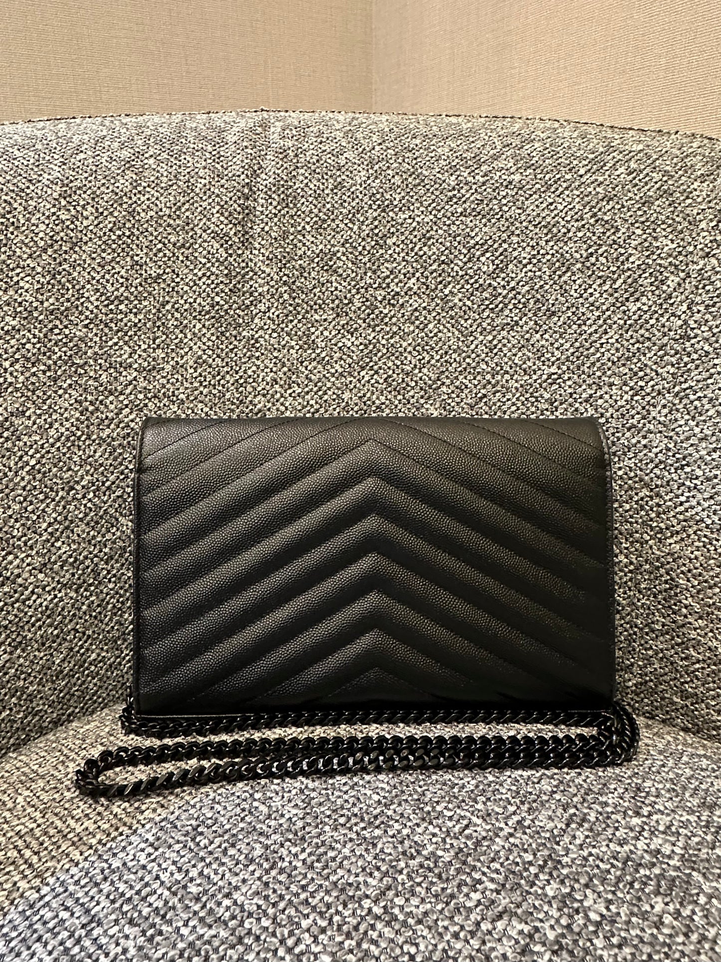 Yves Saint Laurent Cassandre Envelope Chain Wallet In Black Grain De Poudre Embossed Leather