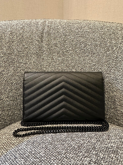 Yves Saint Laurent Cassandre Envelope Chain Wallet In Black Grain De Poudre Embossed Leather