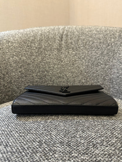 Yves Saint Laurent Cassandre Envelope Chain Wallet In Black Grain De Poudre Embossed Leather
