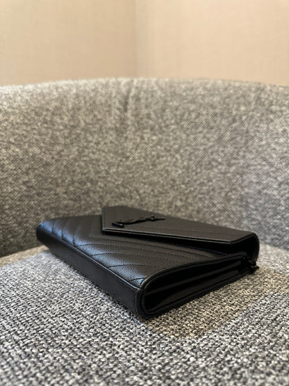 Yves Saint Laurent Cassandre Envelope Chain Wallet In Black Grain De Poudre Embossed Leather