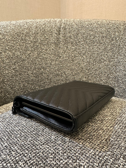 Yves Saint Laurent Cassandre Envelope Chain Wallet In Black Grain De Poudre Embossed Leather